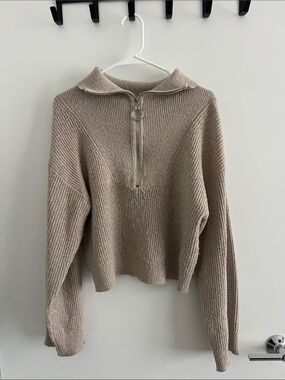 LINE AND DOT Women's Taupe Half-Zip Ribbed Knit Sweater